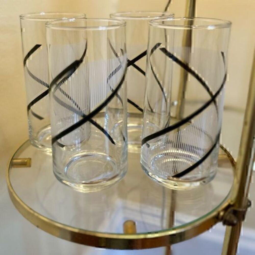 Georges Briard and Crisa Tall Glass Tumblers with Black Swirls and White Stripes